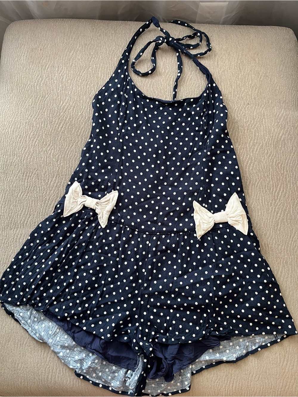 Free People Navy Polka Dot Halter One-Piece Romper